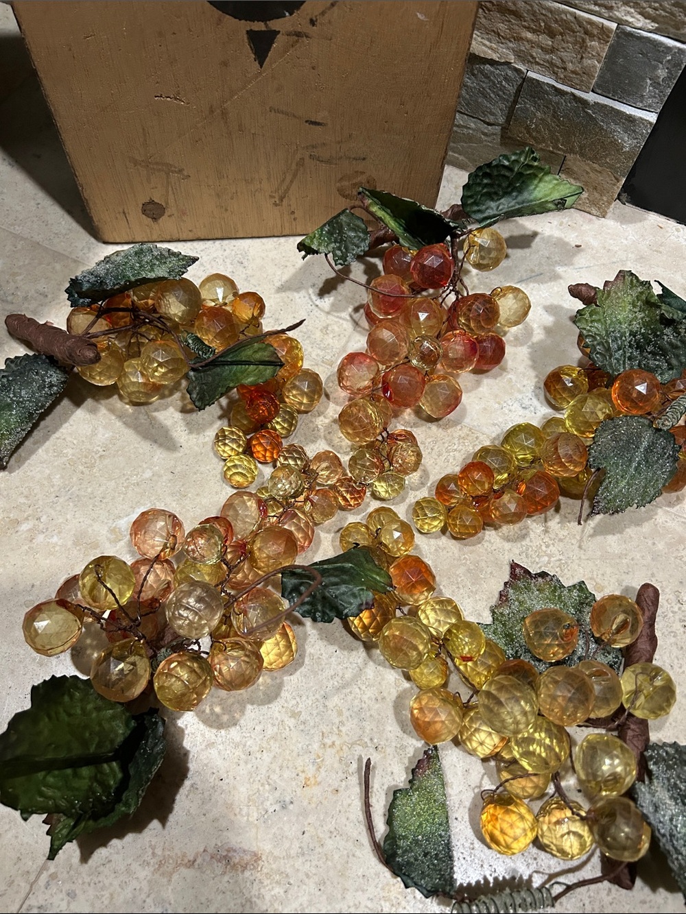 Vintage Amber Glass Bead Grape Cluster Garland with Fabric Leaves